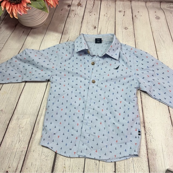 Nautica Blue red Anchor Print Button Down Shirt toddler 3T nautical preppy - Picture 1 of 5